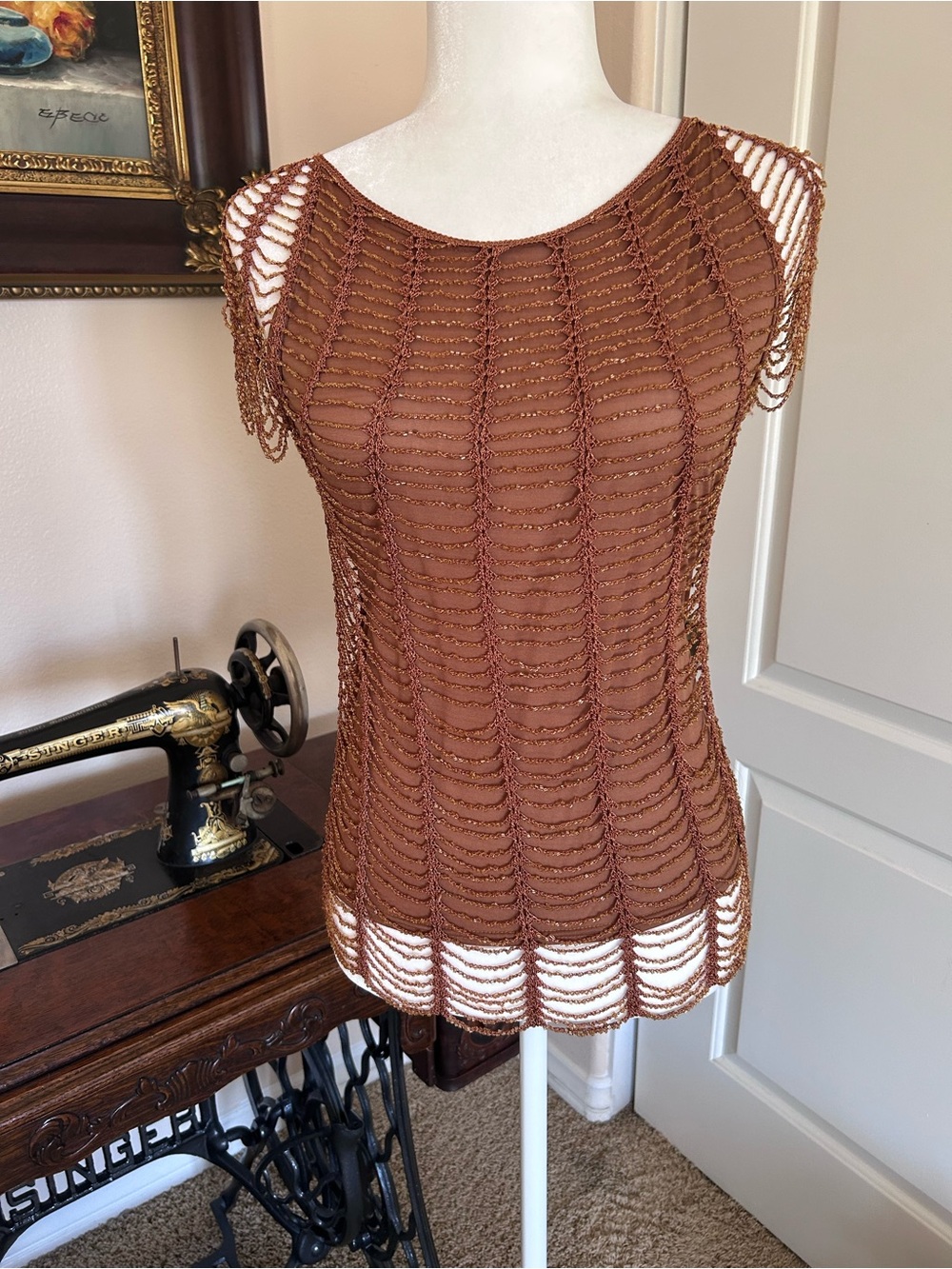 Vintage Gold Beaded Mesh Copper Brown Top
